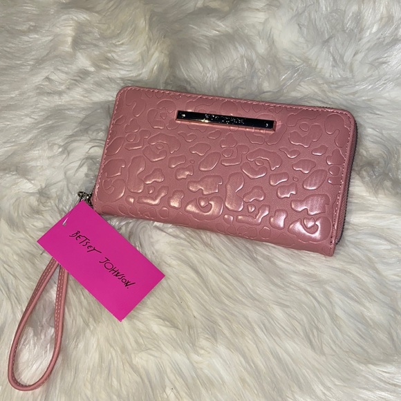 Betsey Johnson Handbags - SOLD- Betsey Johnson wristlet wallet zip around Purse pink Leopard print NWT